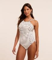 Maiô em Microfibra Canelada com Estampa Listrada e Aviamento Metálico - 1