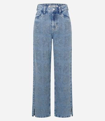 Calça Reta em Jeans com Flores de Brilhos Aplicados