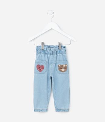 Calça Jogger Infantil com Bordado nos Bolsos - Tam 0 a 18 meses