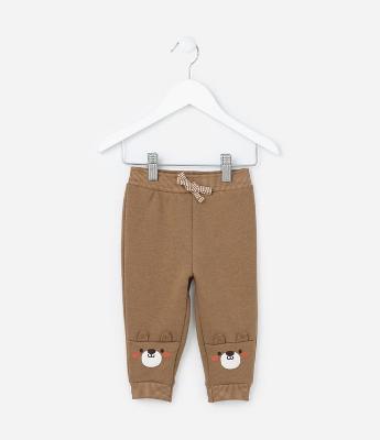 Calça Infantil em Moletom com Bordado Ursinho - Tam 0 a 18 meses