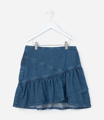 Saia Infantil em Jeans com Babados - Tam 5 a 14 Anos