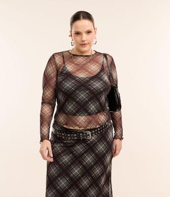 Blusa em Tule com Estampa Xadrez Curve & Plus Size