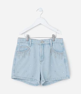 Short Infantil em Jeans com Franjas e Brilhos - Tam 5 a 14 Anos
