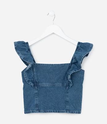 Blusa Cropped Infantil em Jeans com Babados - Tam 5 a 14 Anos