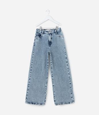 Calça Wide Leg Infantil em Jeans com Brilhinhos - Tam 5 a 14 Anos