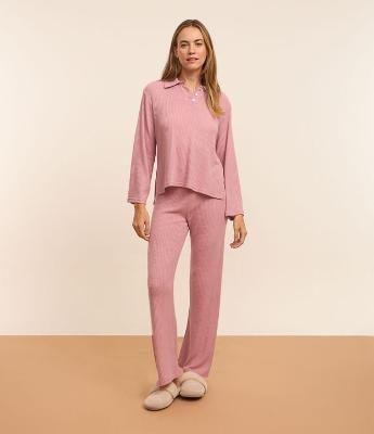 Pijama Longo em Malha Texturizada com Gola Polo