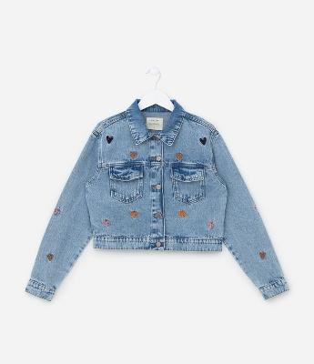 Jaqueta Curta Infantil com Bordado de Corações - Tam 5 a 14 Anos