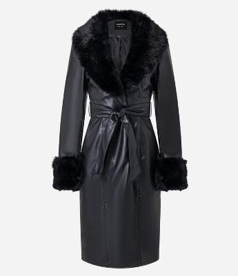 Casaco Trench Coat em PU com Gola e Punhos de Pelos