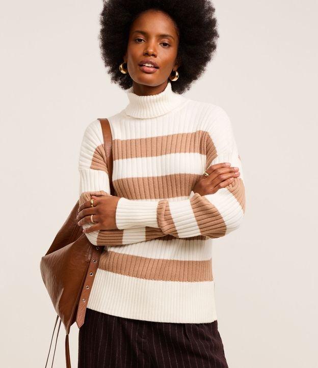 Suéter Tricô com Gola Alta e Estampa Listrada - 2