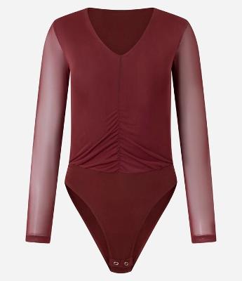Body em Tule com Franzido Frontal e Manga Transparente