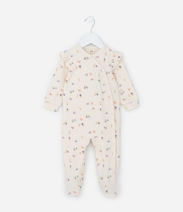 Macacão Infantil Canelado com Babados e Estampa Floral - Tam RN a 18 meses - 1