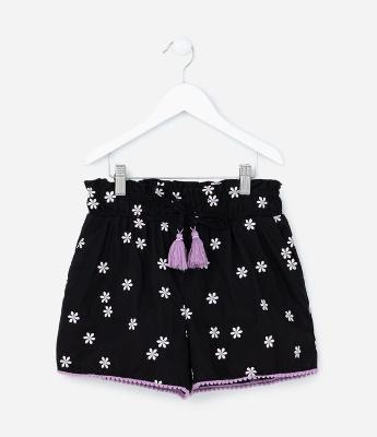 Short Clochard Infantil com Bordado de Margaridas - Tam 5 a 14 Anos