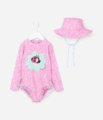 Conjunto Infantil com Proteção UV Estampa Joaninha - Tam 1 a 4 Anos
