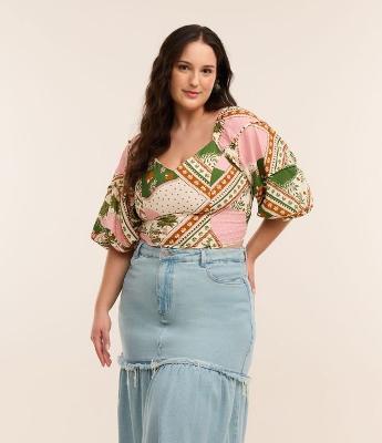 Blusa Estampa de Lenço com Manga 3/4 Curve & Plus Size