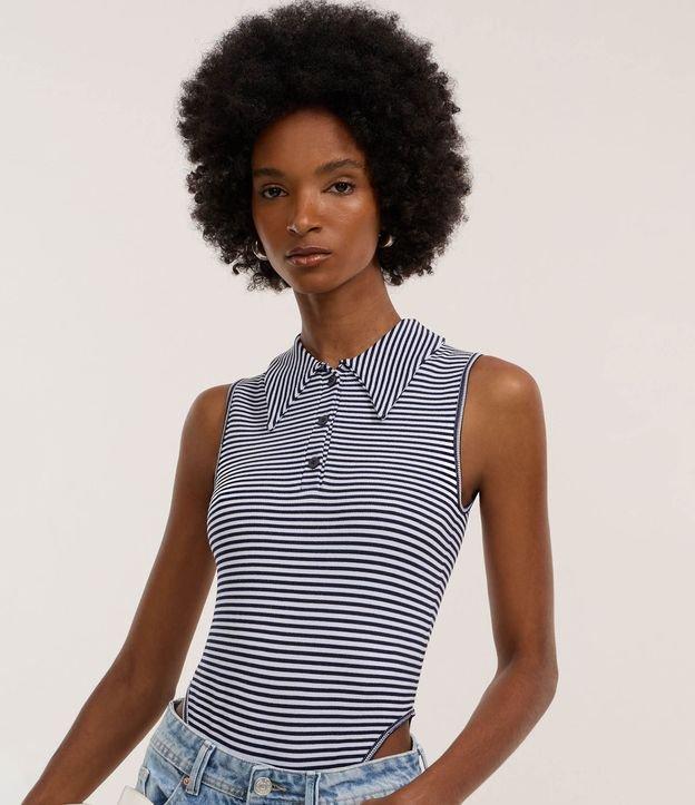 Body em Poliamida Seamless com Gola Polo e Listras - 1