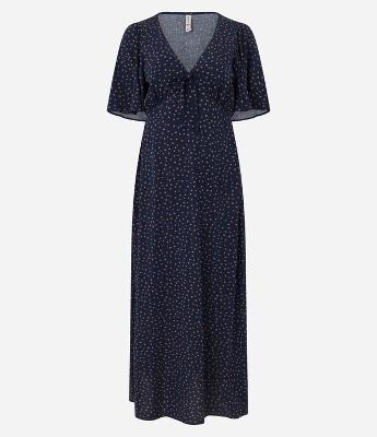 Vestido Longo em Viscose Creponada e Estampa Poá