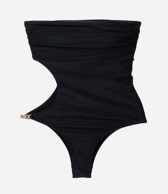 Maiô sem Alças em Microfibra com Vazado Lateral e Corrente Metalizado