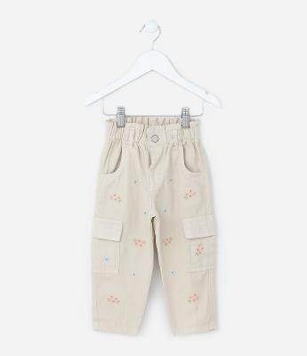 Calça Infantil com Bolsos Cargo e Bordado Florzinhas - Tam 1 a 6 Anos
