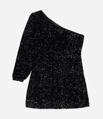 Vestido Curto Veludo com Paetê e Ombreira Curve & Plus Size