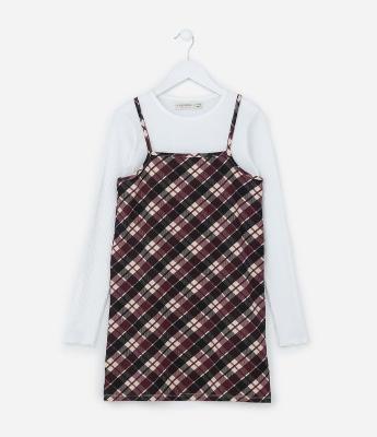 Vestido Infantil com Sobreposição e Estampa Xadrez - Tam 5 a 14 Anos