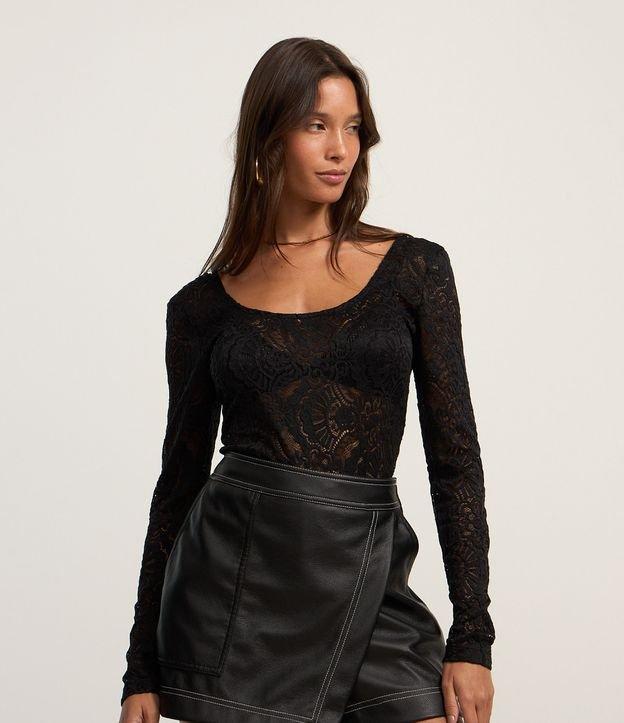 Body em Renda com Textura Floral e Manga longa - 1