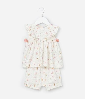 Conjunto Infantil com Babadinho e Estampa Floral - Tam 0 a 18 meses