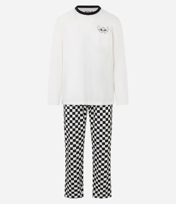 Pijama Longo em Algodão Estampa Stitch e Calça Quadriculada