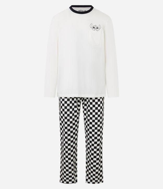Pijama Longo em Algodão Estampa Stitch e Calça Quadriculada - 1