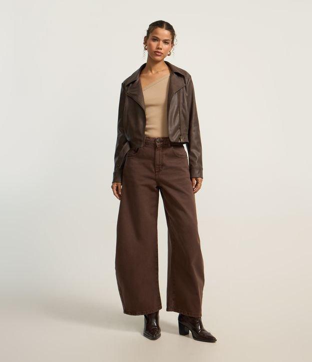 Calça Barrel Cintura Alta em Sarja com Bolsos - 1