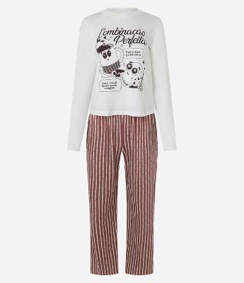 Pijama Longo em Algodão com Estampa Combinação Perfeita