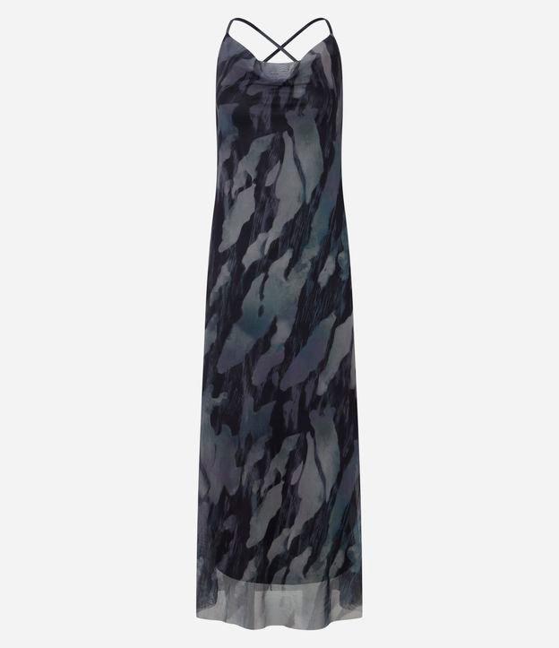 Vestido Longo em Tule com Decote Degagê e Estampa Abstrata - 1