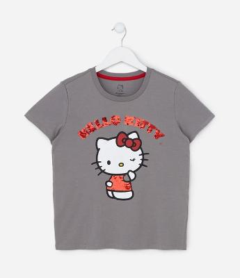 Camiseta Infantil com Bordado Paetê Hello Kitty - Tam 5 a 14 Anos