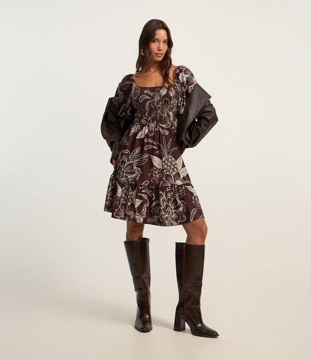 Vestido Evasê Curto Texturizado com Lastex e Estampa Floral - 1