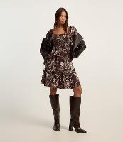 Vestido Evasê Curto Texturizado com Lastex e Estampa Floral - 1