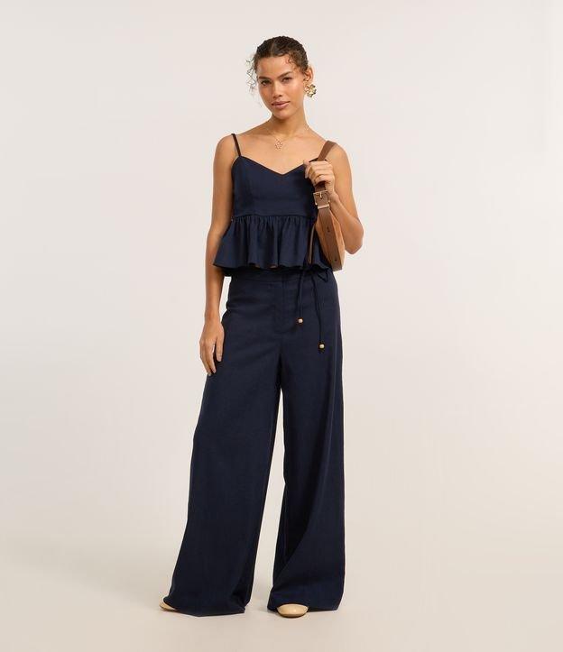 Calça Reta em Viscose e Linho com Amarração Lateral - 2