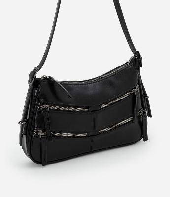 Bolsa Baguete Pequena com Detalhes em Zíperes e Pulleres