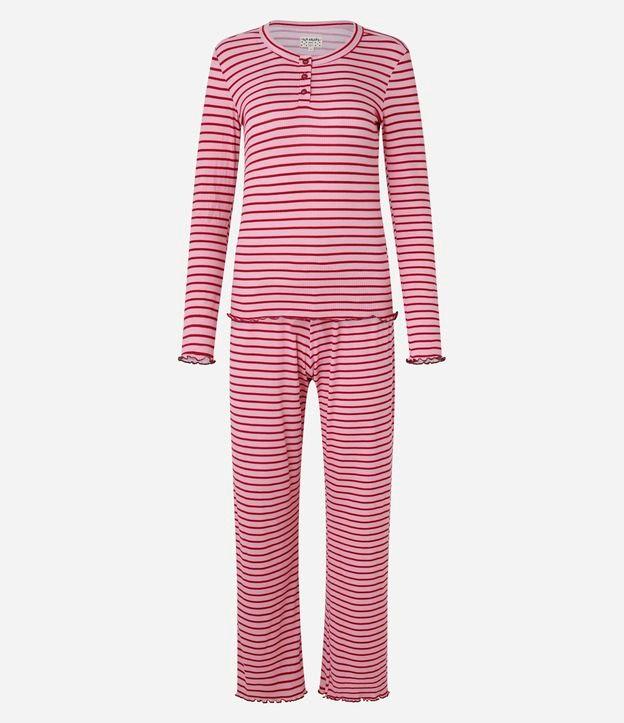 Pijama Longo em Ribana com Listras e Acabamento de Frufrus - 1