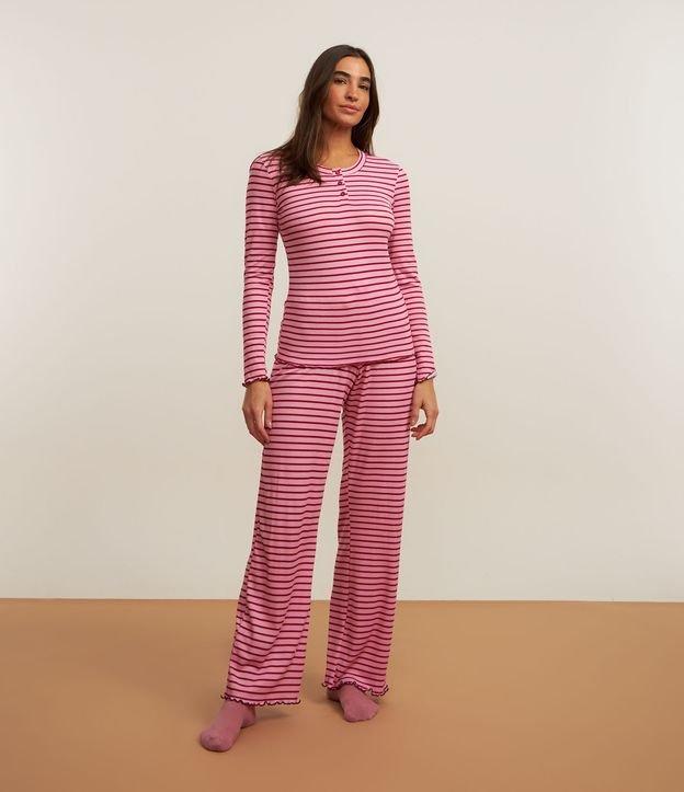Pijama Longo em Ribana com Listras e Acabamento de Frufrus - 2