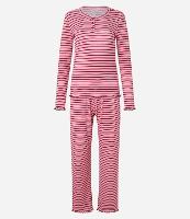 Pijama Longo em Ribana com Listras e Acabamento de Frufrus - 1