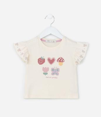 Blusa Infantil com Babadinho e Estampa Ícones Fofos - Tam 1 a 6 Anos