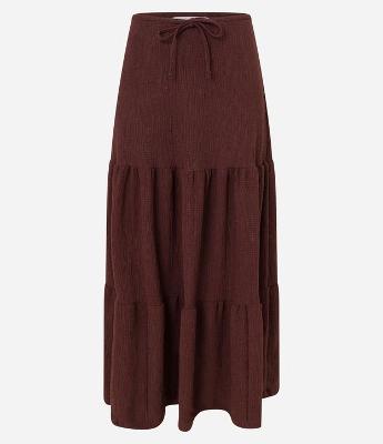 Saia Evasê Longa Texturizada com Amarração e Babado