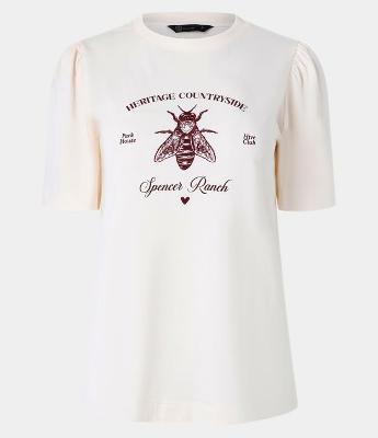 Blusa Slim em Algodão com Manga Bufante e Estampa Abelha