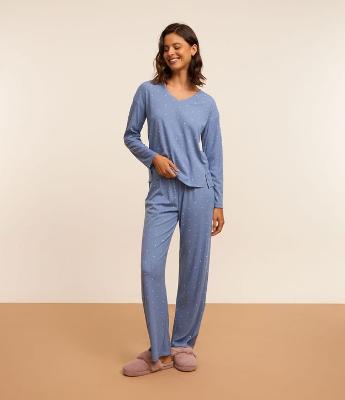 Pijama Longo em Ribana com Estampa Poá
