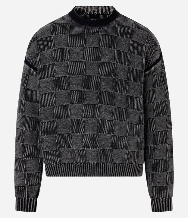 Suéter Boxy em Algodão Estonado em Textura Jacquard e Xadrez - 1