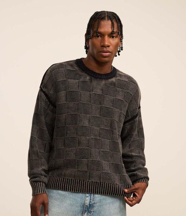 Suéter Boxy em Algodão Estonado em Textura Jacquard e Xadrez - 2