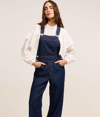 Jardineira Longa em Jeans com Botões Laterais