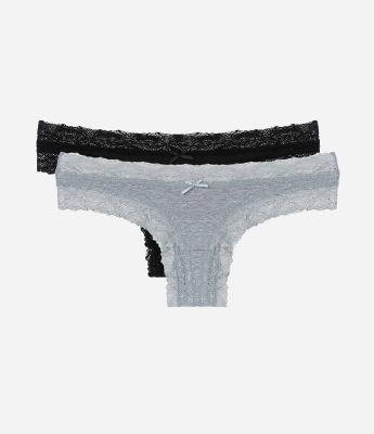 Kit 02 Calcinhas Biquíni Fio Dental em Cotton com Renda e Lacinho