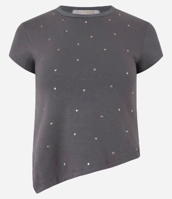 Blusa em Algodão com Brilhos Aplicados e Barra Assimétrica