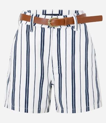 Short Mom em Sarja Listrada com Cintinho