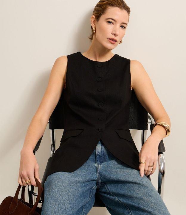 Colete Longo em Viscolinho com Botões Forrados e Lapelas - 2